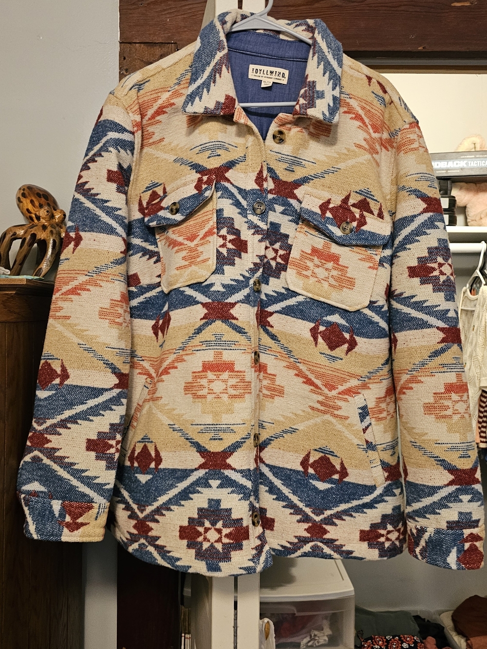 Idyllwind Beige Shacket with Blue & Rust Aztec Print